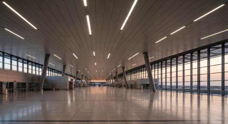 Empty modern airport terminal in Tanzania at dusk.