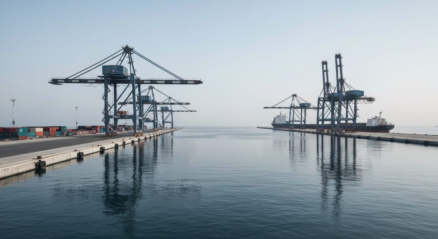 Empty, modern Port of Thessaloniki terminal with cargo cranes under natural light.