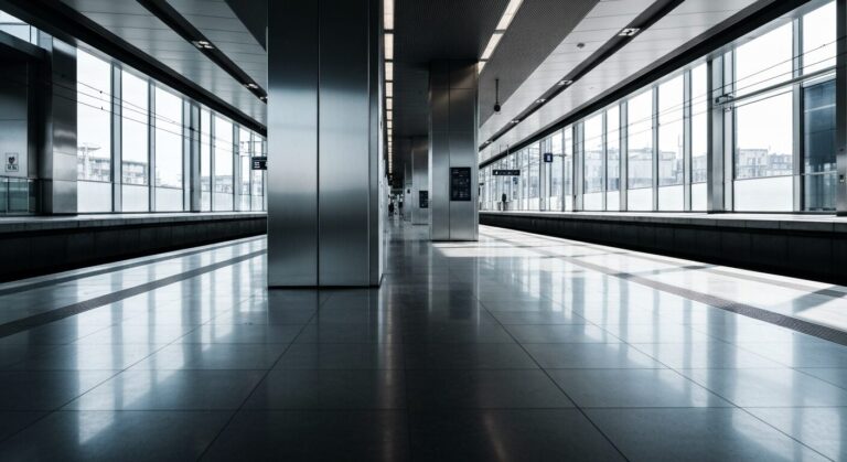 Empty modern European train station platform
