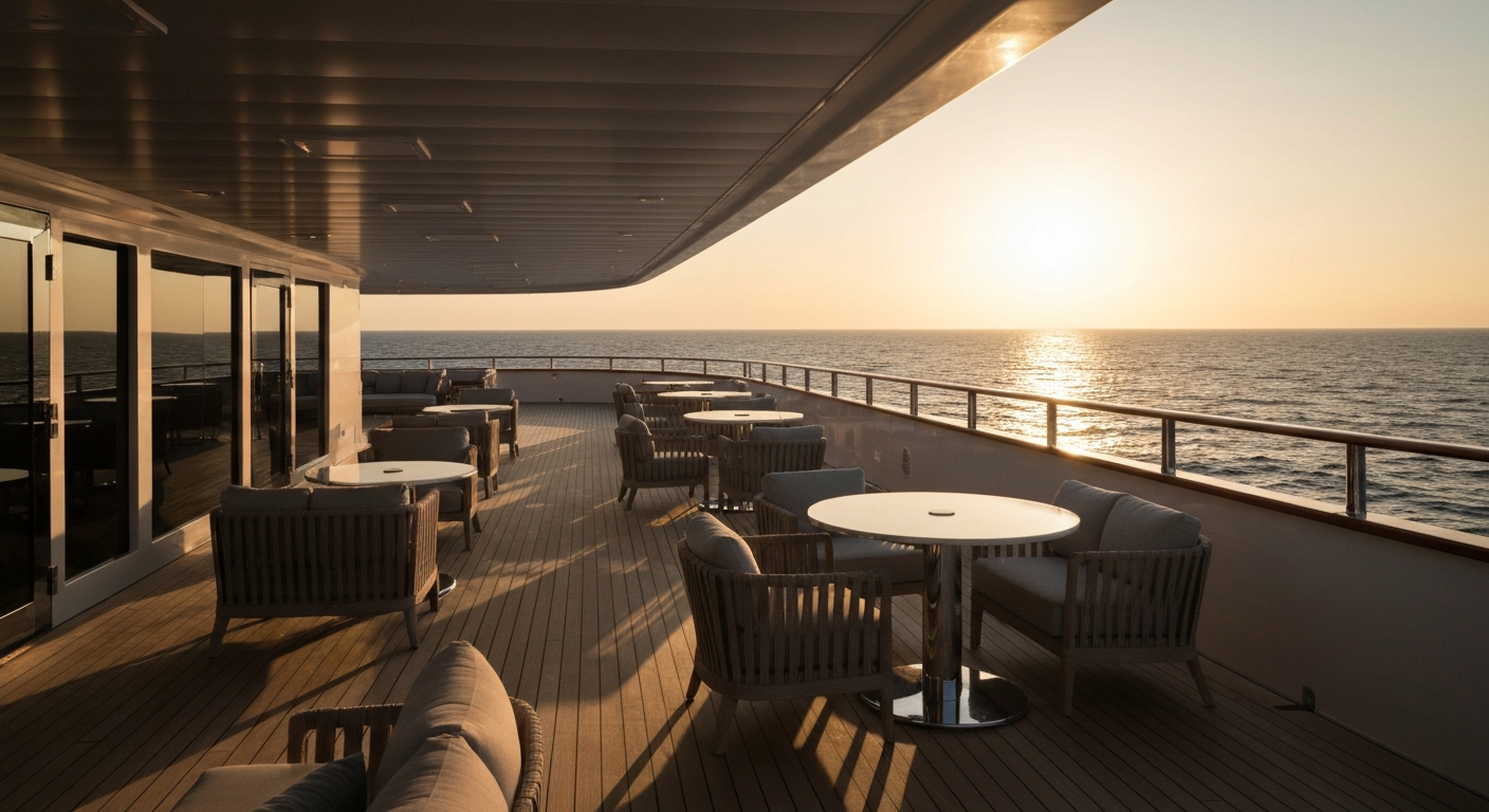Elegant outdoor lounge on The Ritz-Carlton Evrima yacht deck at sunset