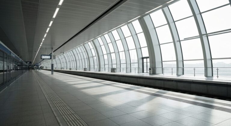 Empty modern train station platform with glass roof and clean architectural design.
