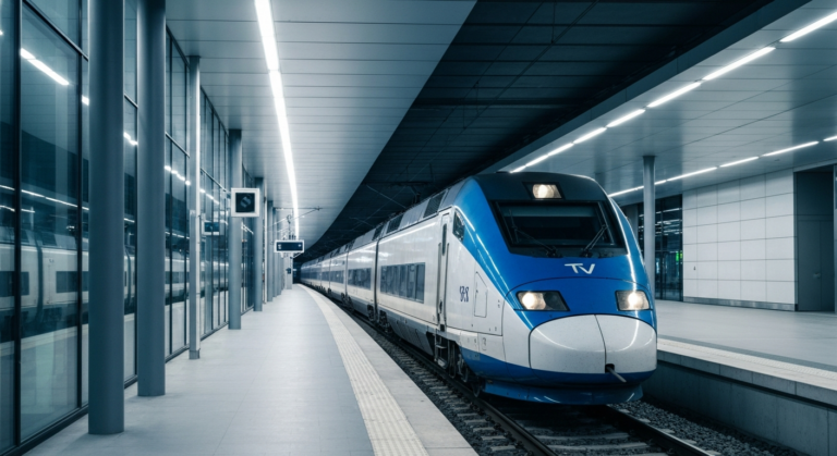 Modern TGV high-speed train arriving at a contemporary French railway station.