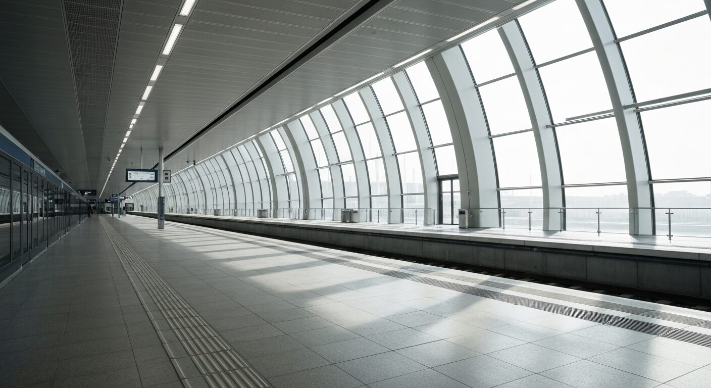 Empty modern train station platform with glass roof and clean architectural design.