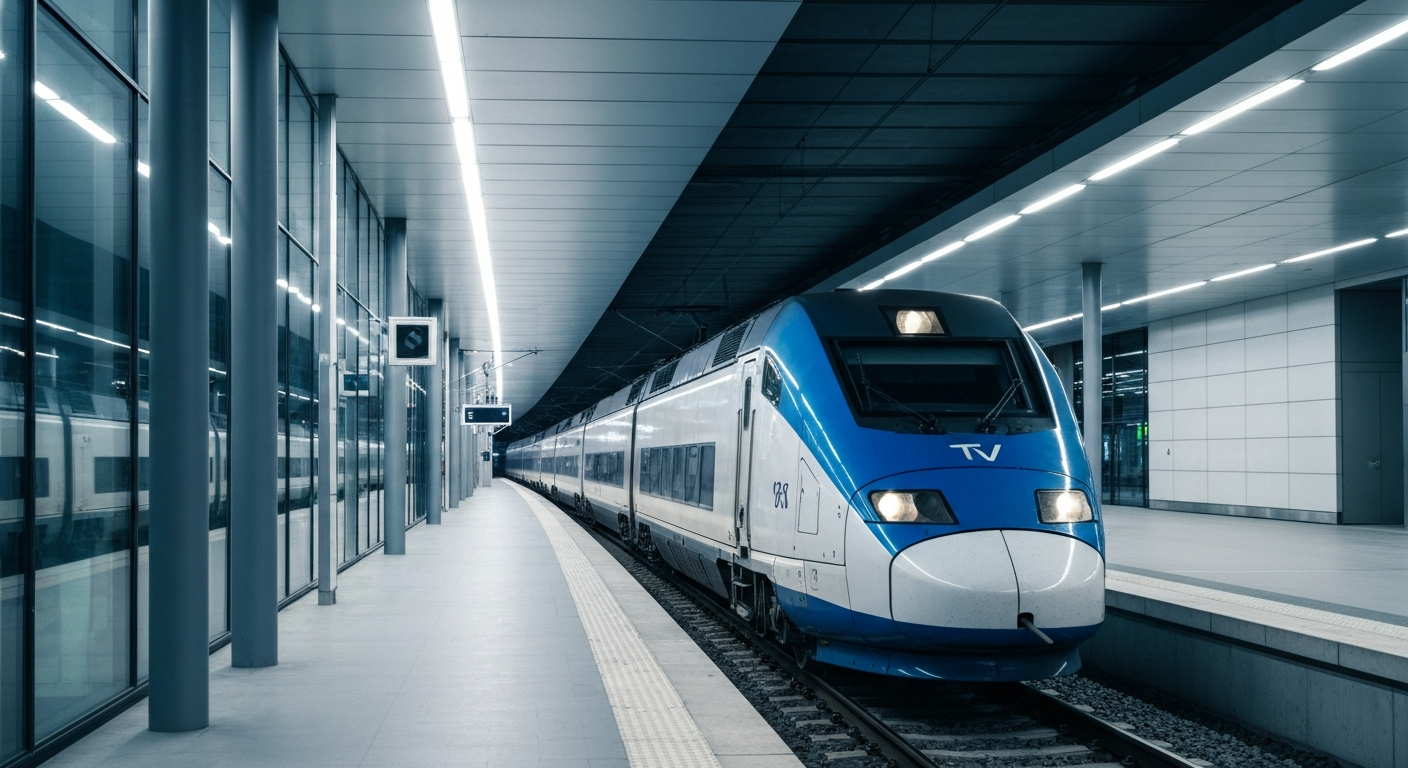 Modern TGV high-speed train arriving at a contemporary French railway station.