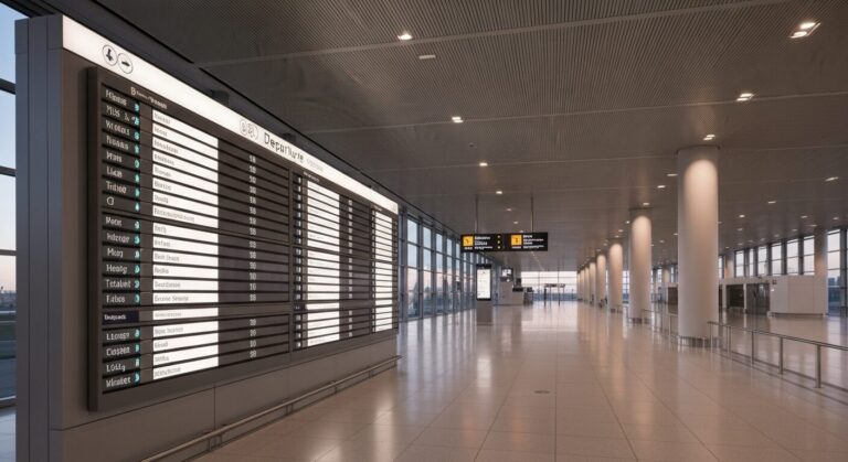 Empty modern airport terminal with departure board and soft dusk lighting.