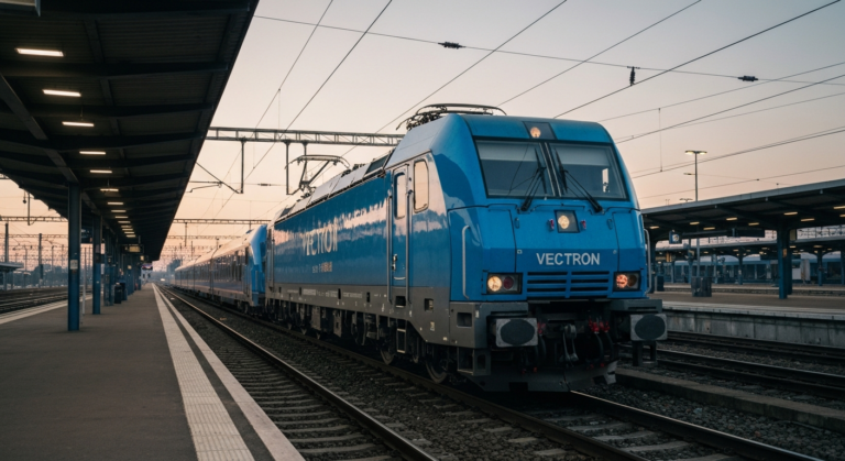 Modern Siemens Vectron locomotive parked at a European rail station platform at sunrise