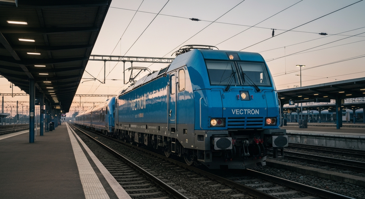Modern Siemens Vectron locomotive parked at a European rail station platform at sunrise