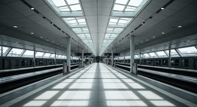 Empty modern train station platform with architectural features and natural light.