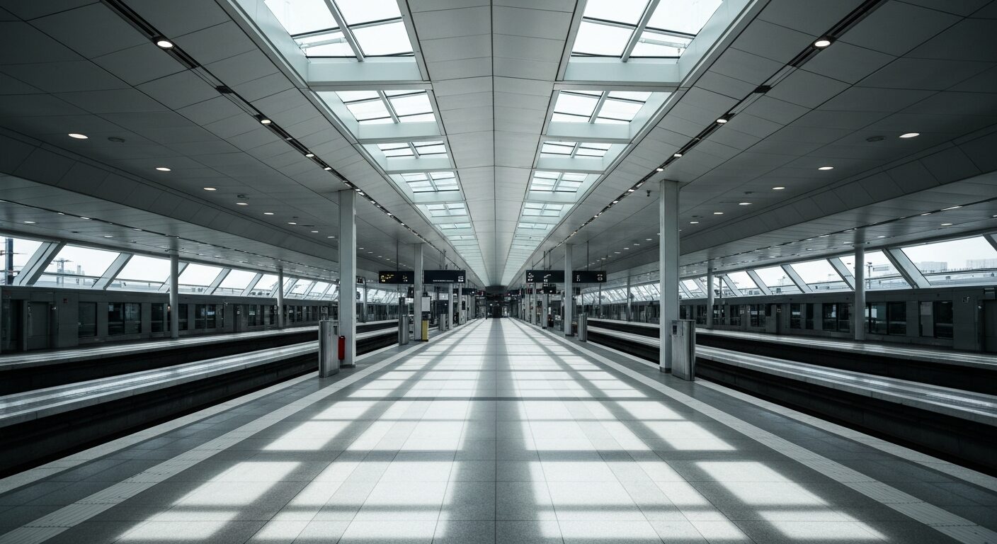 Empty modern train station platform with architectural features and natural light.