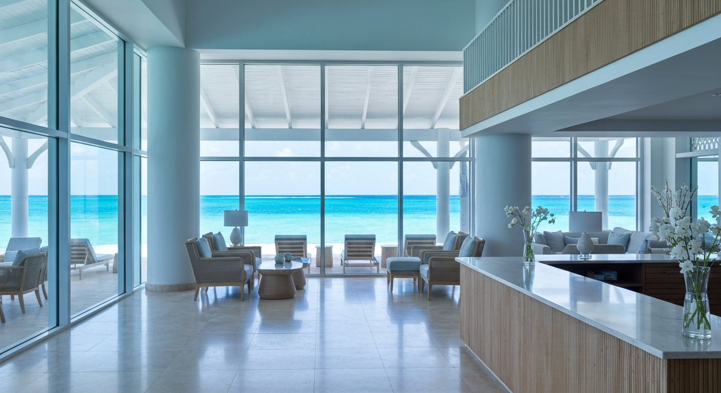 Elegant lobby of a luxury Caribbean resort overlooking clear blue ocean