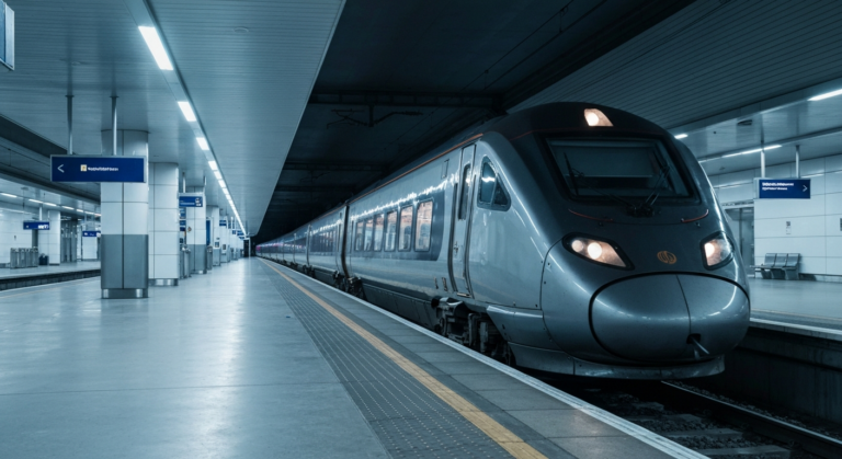Modern train entering a newly upgraded, well-lit rail station in the United Kingdom.