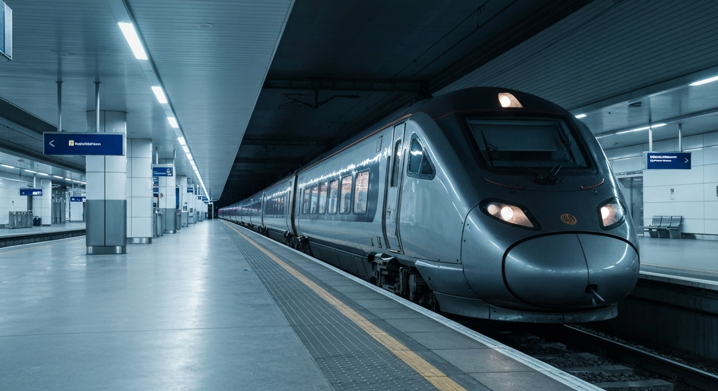 Modern train entering a newly upgraded, well-lit rail station in the United Kingdom.