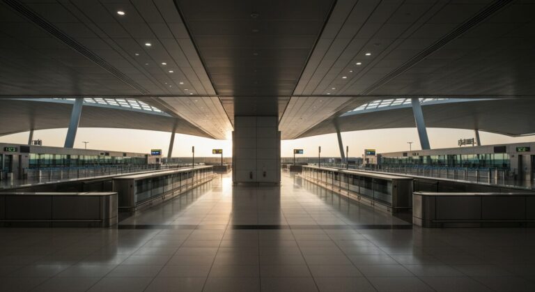 Empty modern airport terminal boarding gate with soft dawn light.