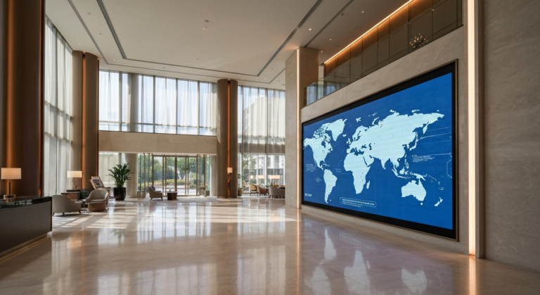 Modern hotel lobby featuring a digital world map display, symbolizing global travel connectivity