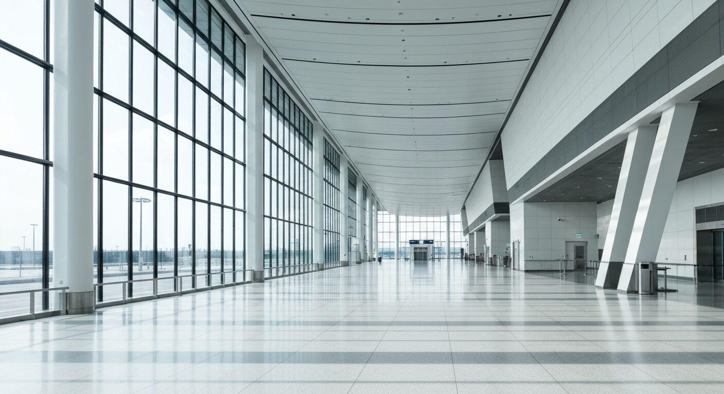 Empty modern airport terminal with glass windows and polished floors, featuring clean architectural lines.