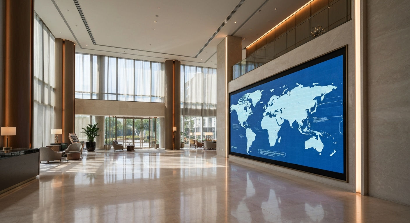 Modern hotel lobby featuring a digital world map display, symbolizing global travel connectivity