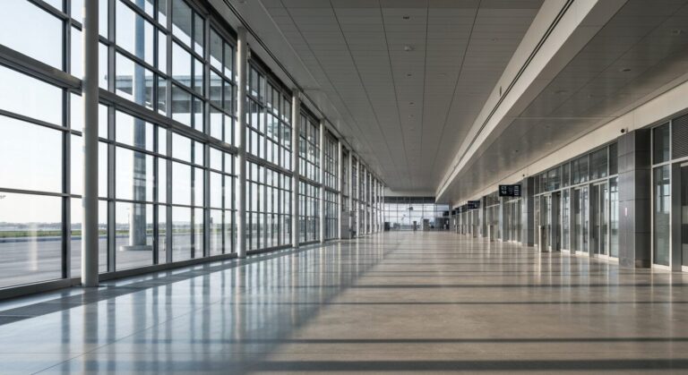 Empty, modern airport terminal bathed in soft morning light, showcasing minimalist architecture.