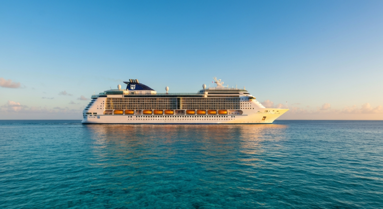 Royal Caribbean cruise ship sailing in the Caribbean under golden hour light