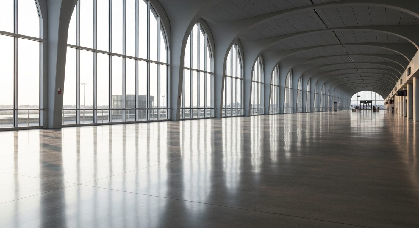 Modern airport departure hall with natural light and minimalist architecture.