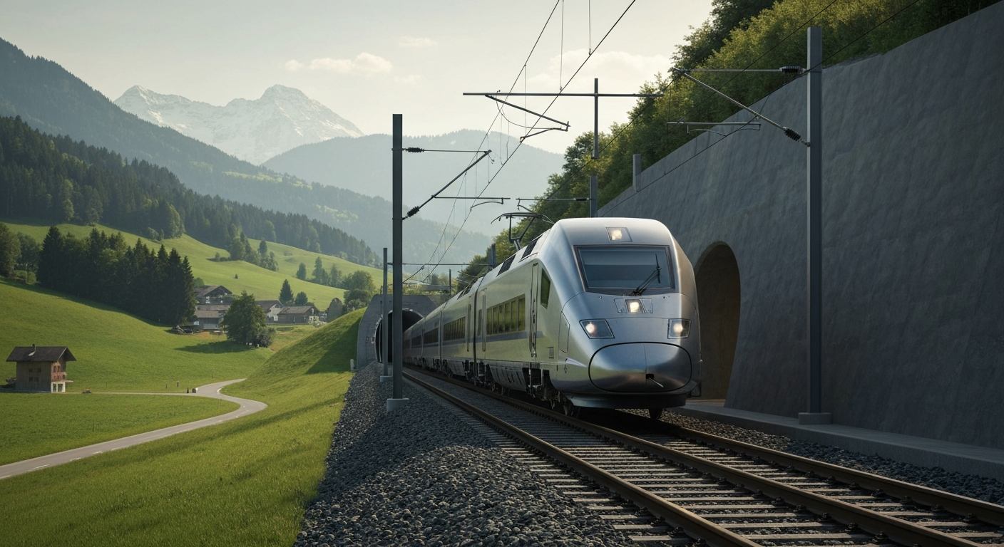 Modern train exiting a newly constructed railway tunnel in a scenic European region.
