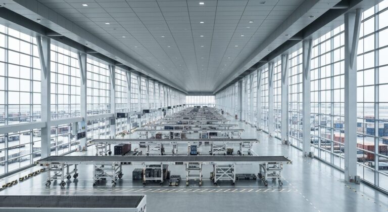Empty modern airport cargo terminal with advanced logistics equipment under natural light.