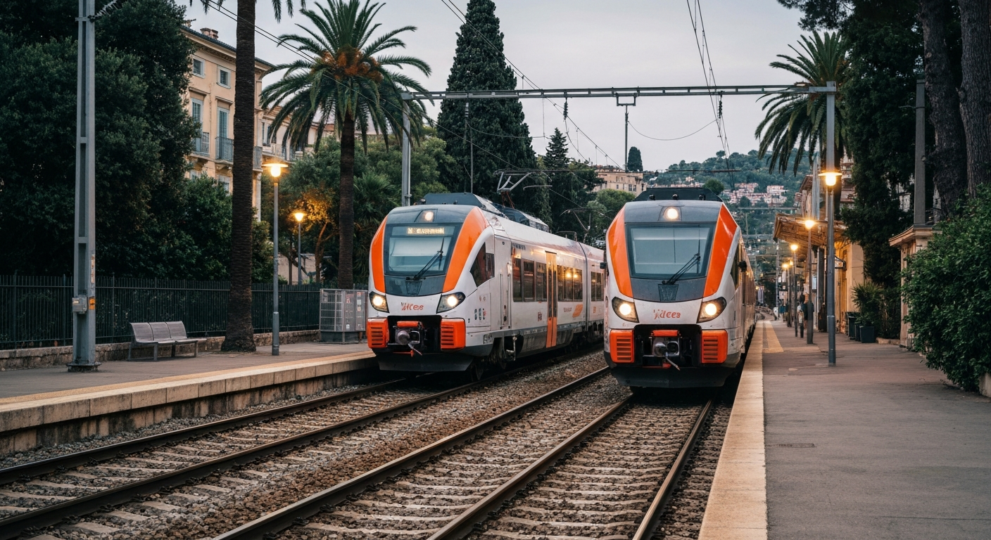 Modern regional train at a sunlit station in the beautiful South of France