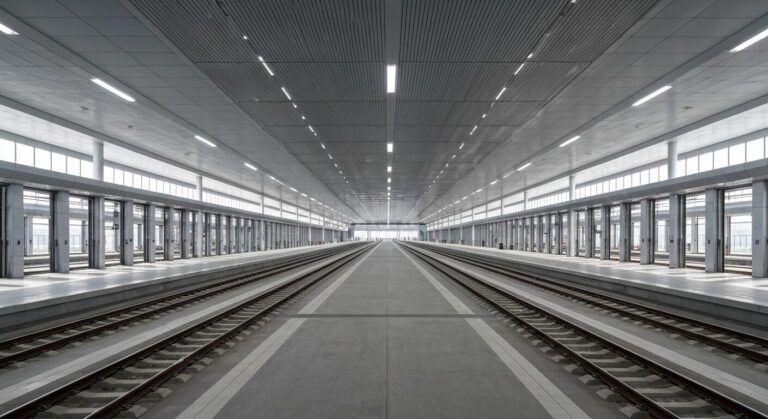 Modern HS2 rolling stock depot and control centre architecture.