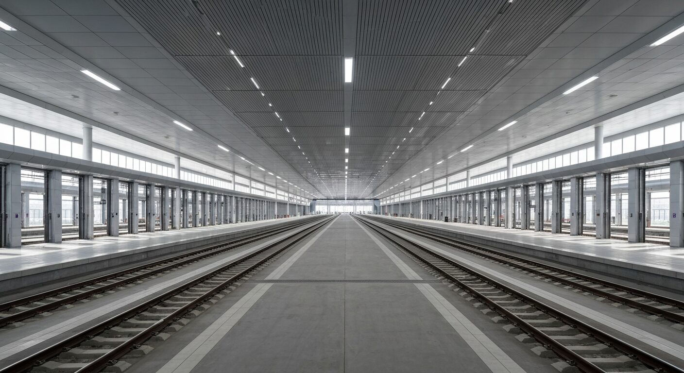 Modern HS2 rolling stock depot and control centre architecture.