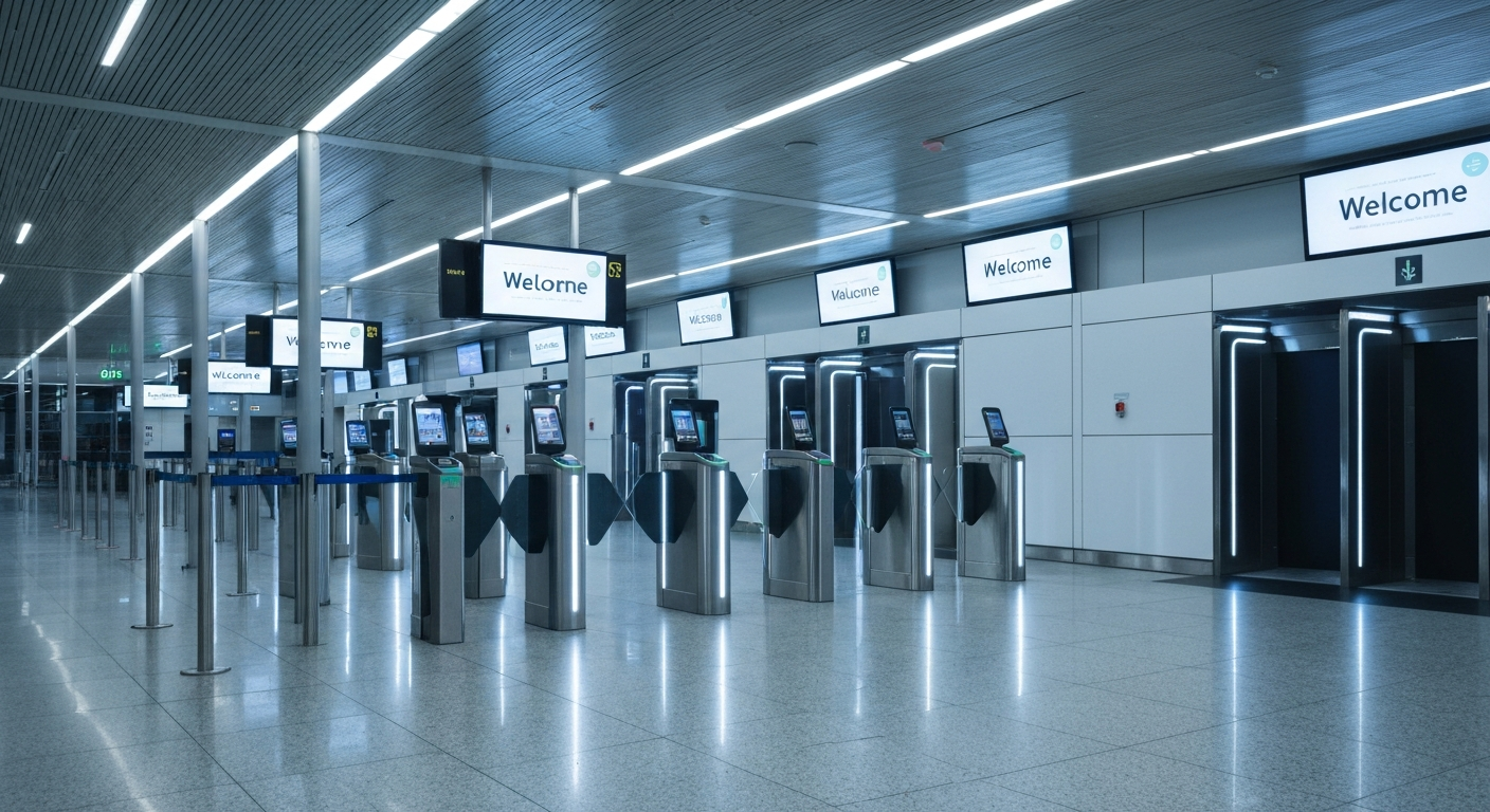 Modern, empty UK airport eGate area with illuminated biometric scanners and digital welcome screens.