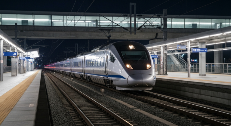 Modern high-speed train at night in a futuristic station, showcasing advanced rail infrastructure.