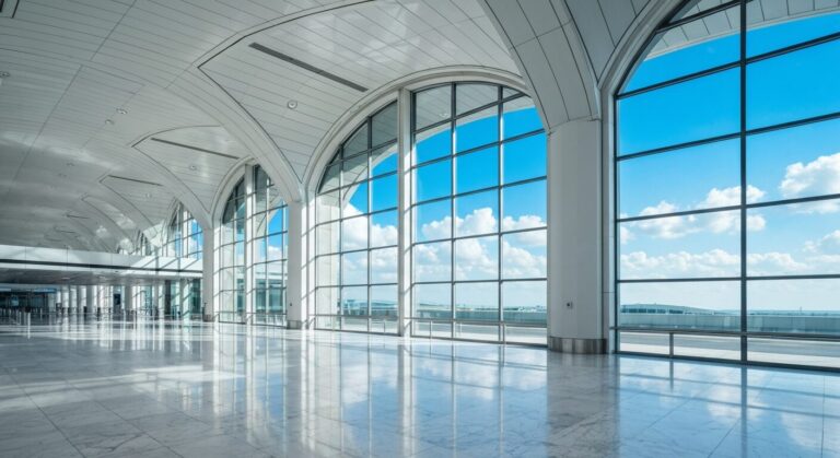 Empty modern airport terminal with natural light, ready for global travel recovery.