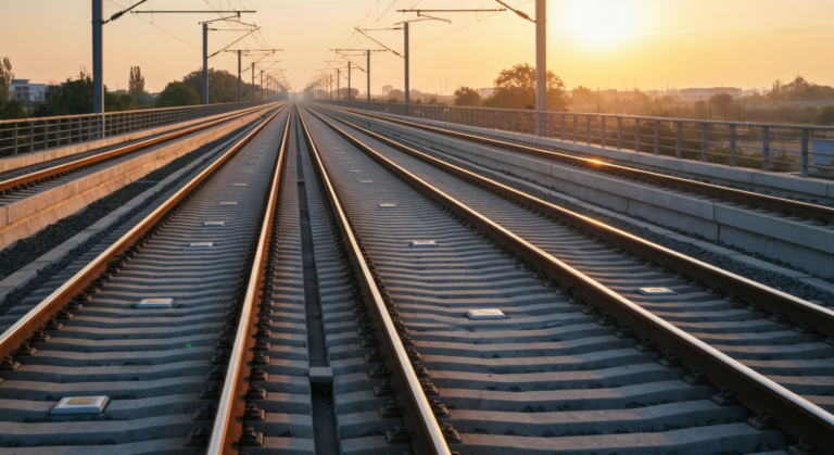 Modern rail track showing integrated sensors for advanced infrastructure monitoring