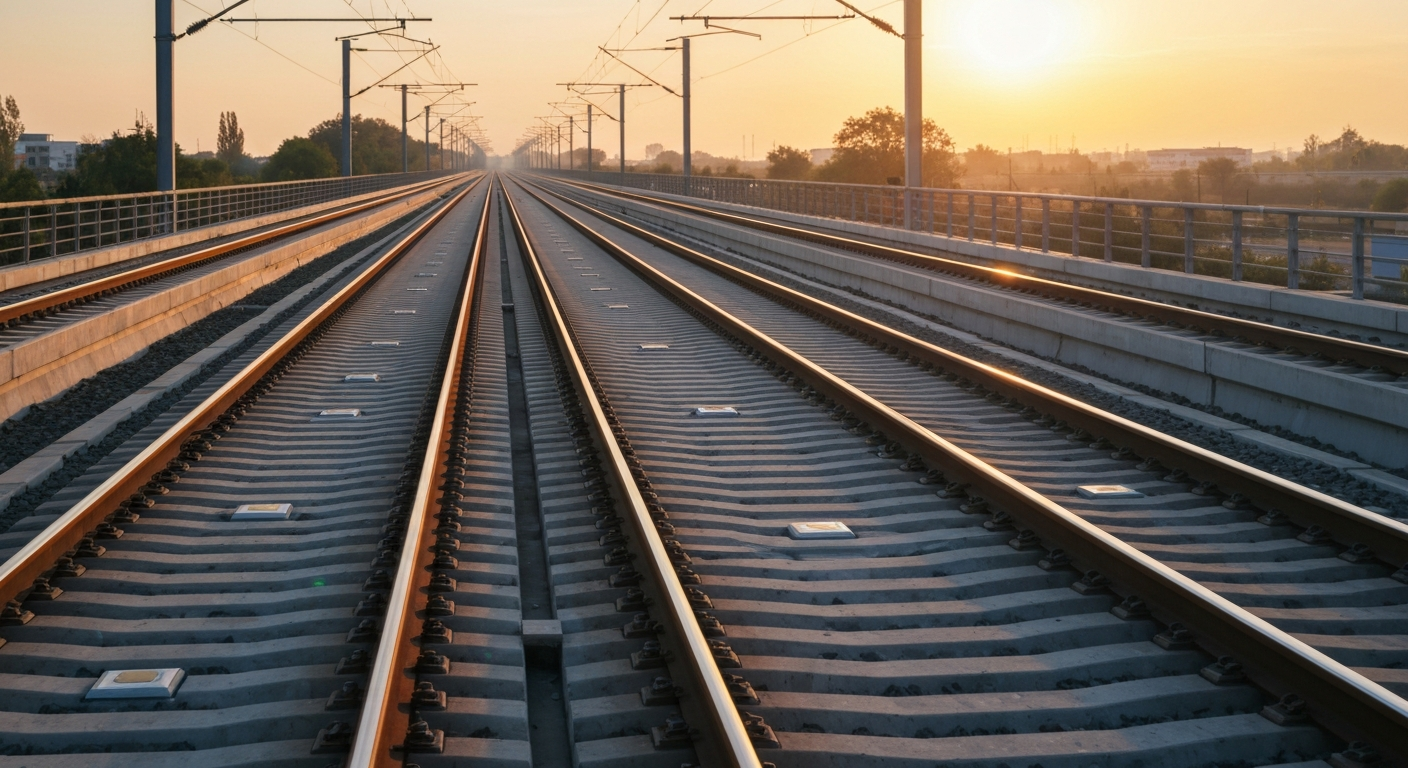 Modern rail track showing integrated sensors for advanced infrastructure monitoring