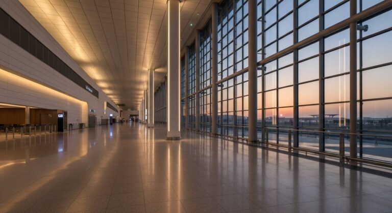 Empty Hamad International Airport terminal at dusk