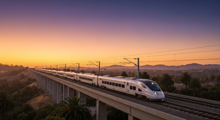 Modern California high-speed train speeding on elevated tracks through a picturesque landscape at dusk