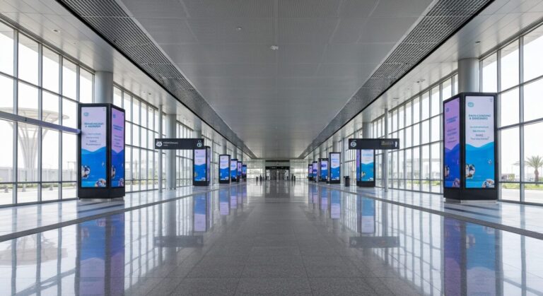 Interior of Dubai's new smart bus station at Mall of the Emirates, showcasing modern design and digital displays.
