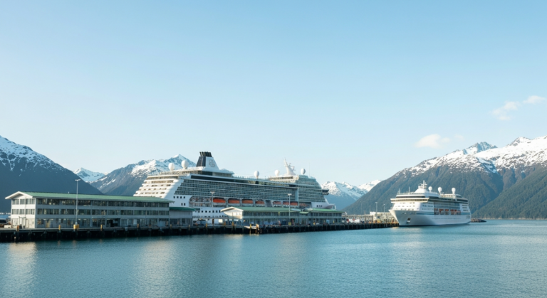 Modern cruise terminal in Seward, Alaska, with a luxury ship against snowy mountains
