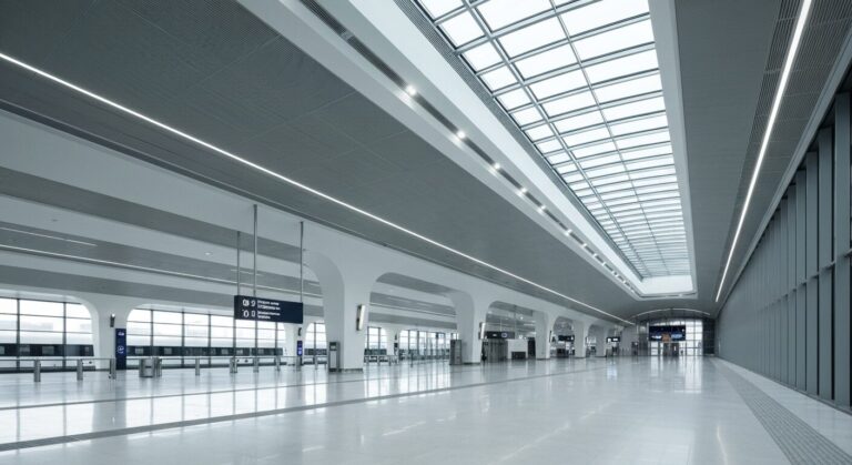 Empty, modern high-speed train station interior featuring clean lines, large windows, and polished floors, bathed in natural light.