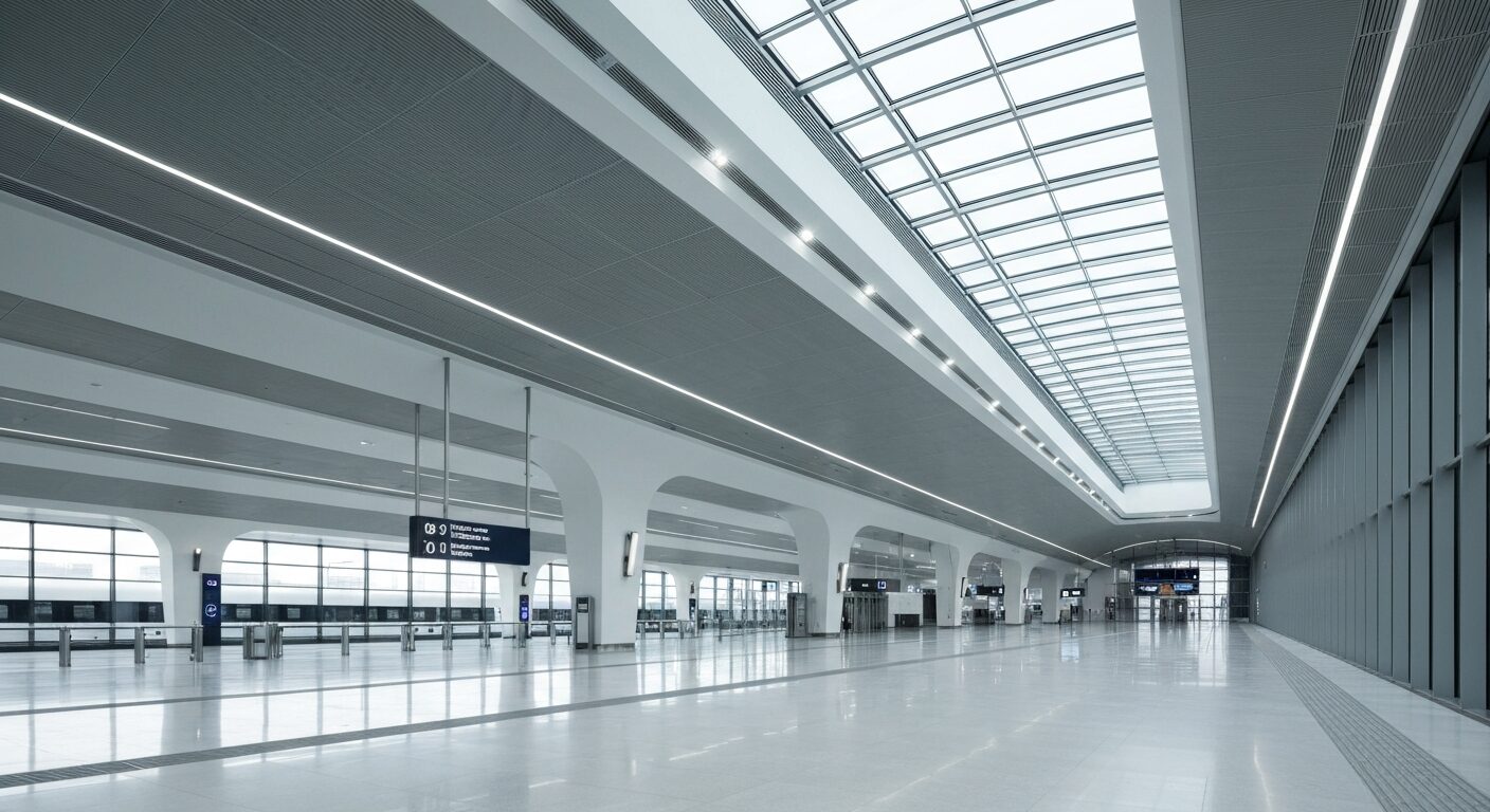 Empty, modern high-speed train station interior featuring clean lines, large windows, and polished floors, bathed in natural light.