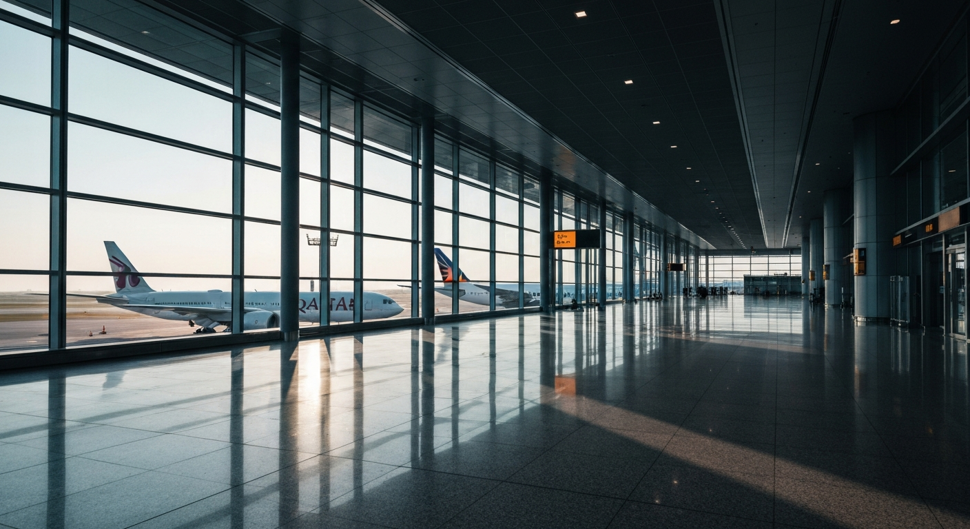 Empty international airport terminal with Qatar Airways and Philippine Airlines aircraft visible on the tarmac