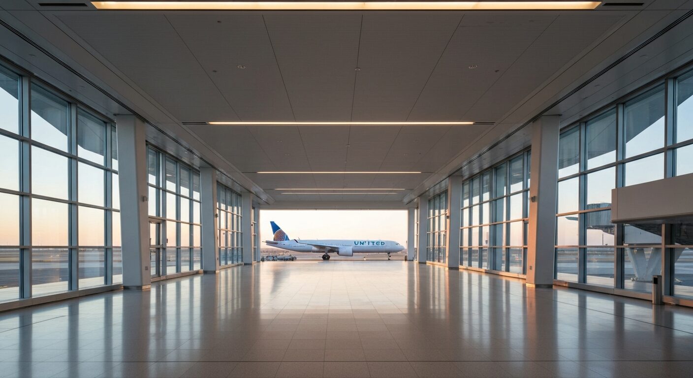 Empty modern airport terminal with United Airlines aircraft and architectural design.