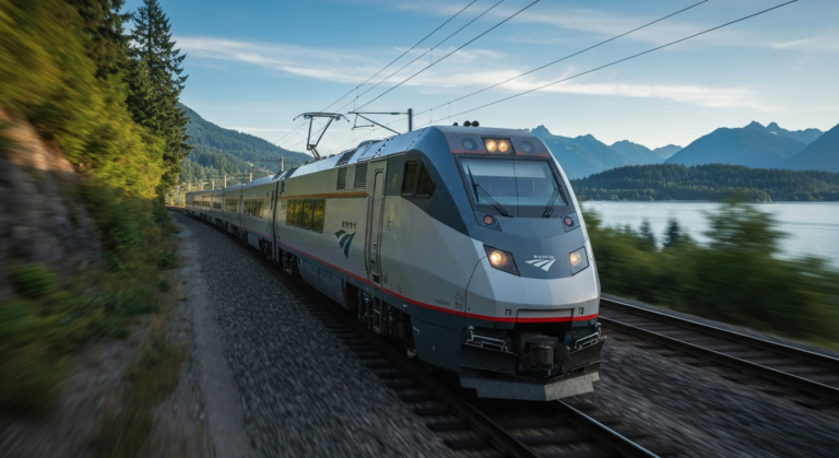 Modern Amtrak Airo train traveling on a scenic railway line through the Pacific Northwest