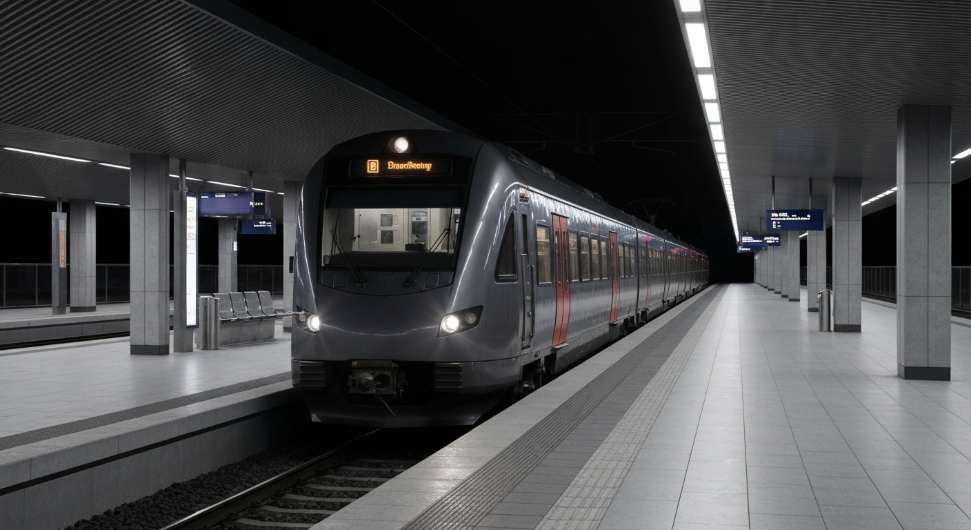 Modern Pågatågen commuter train at a brightly lit station platform in southern Sweden.
