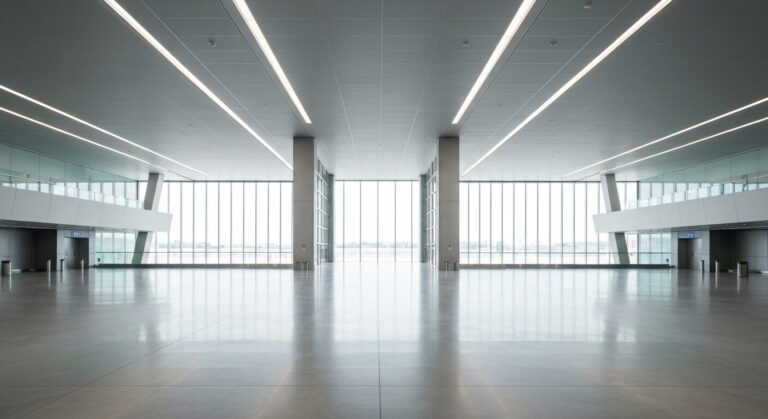Empty modern airport terminal with natural light, ready for arrival.