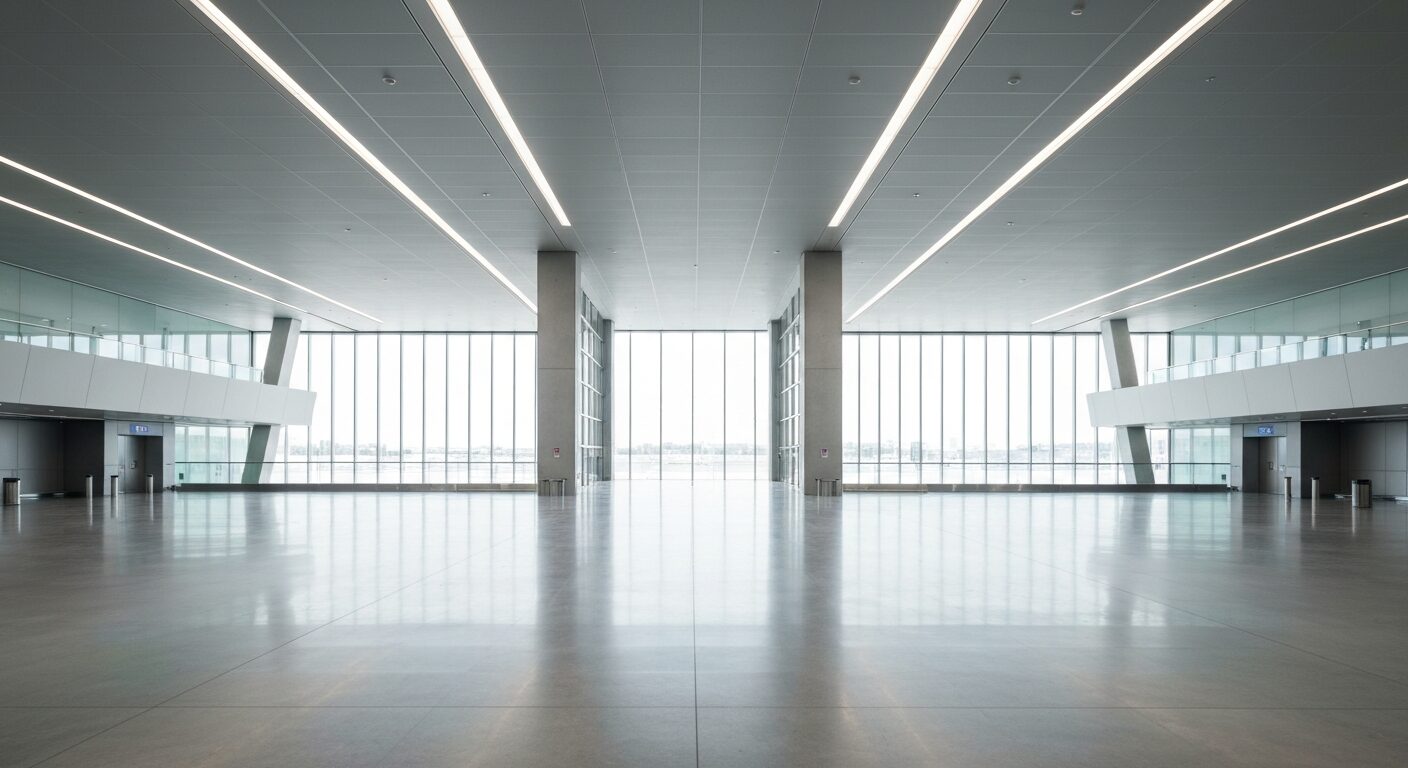 Empty modern airport terminal with natural light, ready for arrival.