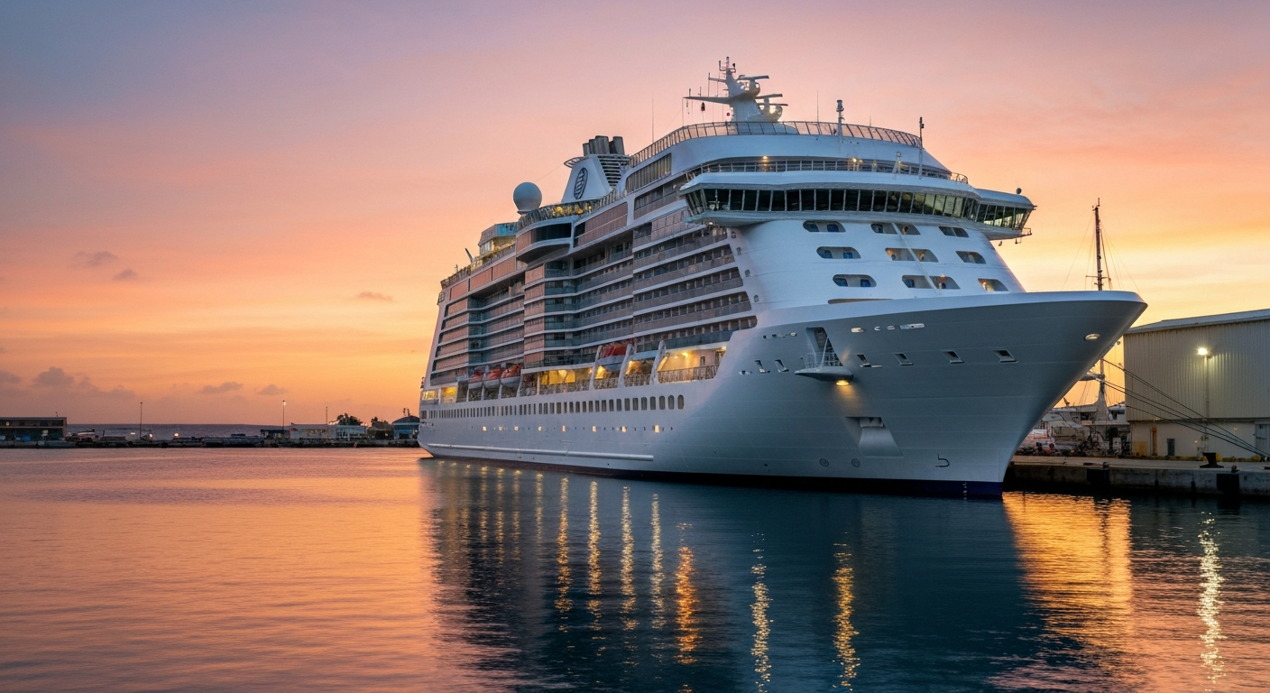 Luxury Virgin Voyages cruise ship docked in a Caribbean port during a colorful sunset