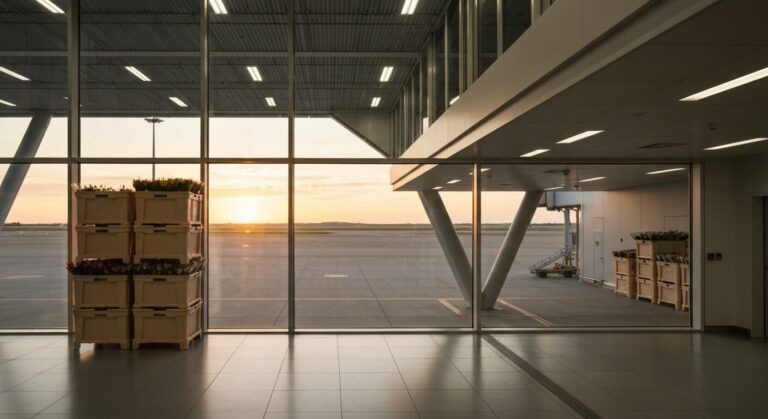 Empty cargo terminal with flower crates awaiting shipment at a South American airport during dusk.