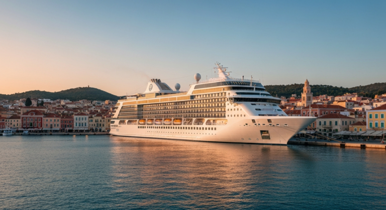 Modern luxury cruise ship docked in a historic Mediterranean port at sunset