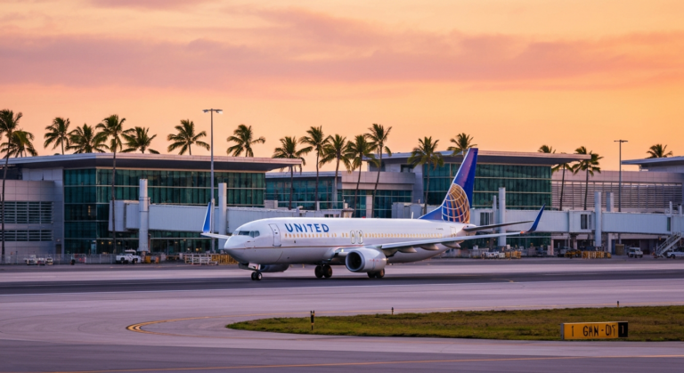 United Airlines aircraft on a tropical airport runway at sunset with palm trees