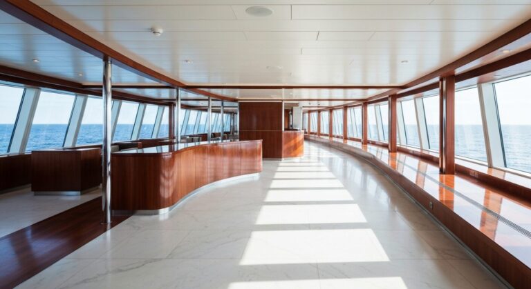 Empty, luxurious interior lounge of the Crystal Serenity cruise ship.